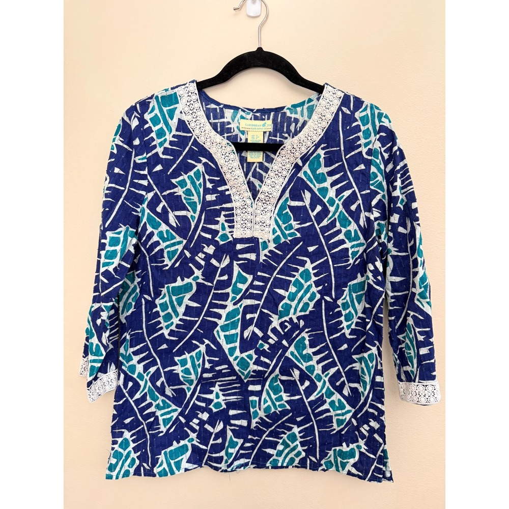 Caribbean Joe Womens Small Blue Teal Tropical Leaf Cotton Crochet Tunic Top